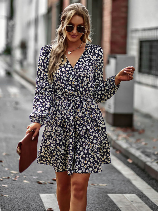 Floral dresses- Floral A-Line Dress with Long Sleeves and Belt-Tie- - IndioGear Clothing and Gear