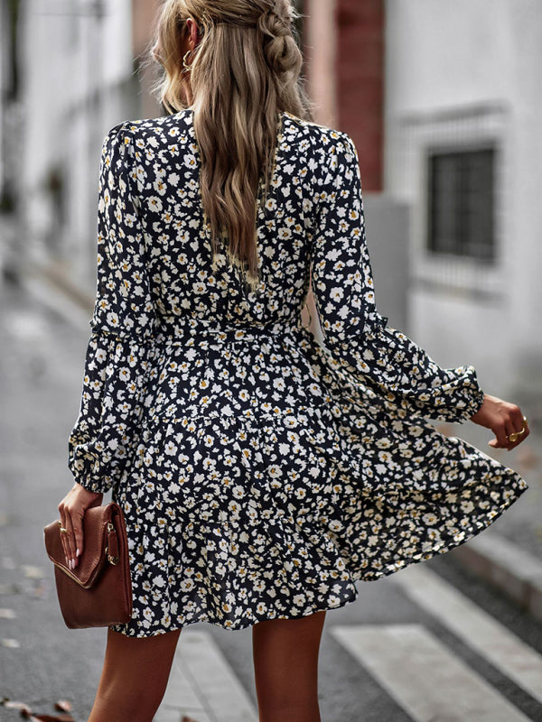 Floral dresses- Floral A-Line Dress with Long Sleeves and Belt-Tie- - IndioGear Clothing and Gear