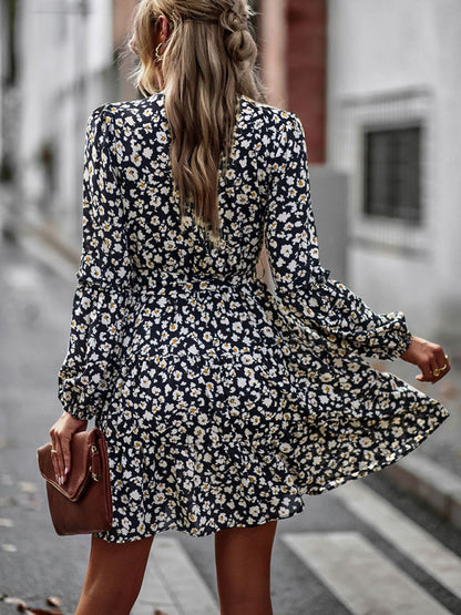 Floral dresses- Floral A-Line Dress with Long Sleeves and Belt-Tie- - IndioGear Clothing and Gear