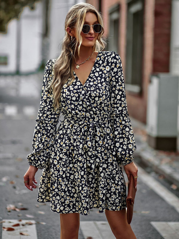 Floral dresses- Floral A-Line Dress with Long Sleeves and Belt-Tie- - IndioGear Clothing and Gear