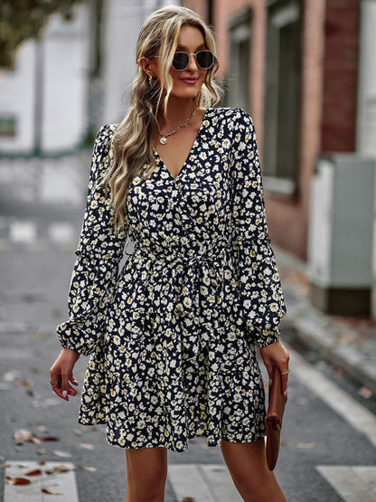 Floral dresses- Floral A-Line Dress with Long Sleeves and Belt-Tie- - IndioGear Clothing and Gear