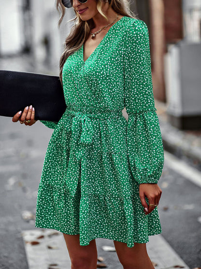 Floral dresses- Floral A-Line Dress with Long Sleeves and Belt-Tie- - IndioGear Clothing and Gear