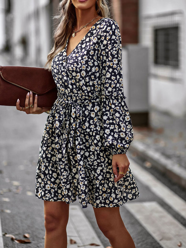 Floral dresses- Floral A-Line Dress with Long Sleeves and Belt-Tie- - IndioGear Clothing and Gear