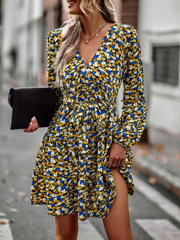 Floral dresses- Floral A-Line Dress with Long Sleeves and Belt-Tie- - IndioGear Clothing and Gear