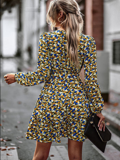 Floral dresses- Floral A-Line Dress with Long Sleeves and Belt-Tie- - IndioGear Clothing and Gear