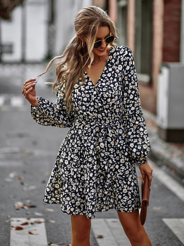 Floral dresses- Floral A-Line Dress with Long Sleeves and Belt-Tie- - IndioGear Clothing and Gear