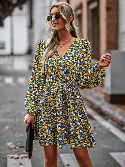 Floral dresses- Floral A-Line Dress with Long Sleeves and Belt-Tie- Yellow- IndioGear Clothing and Gear