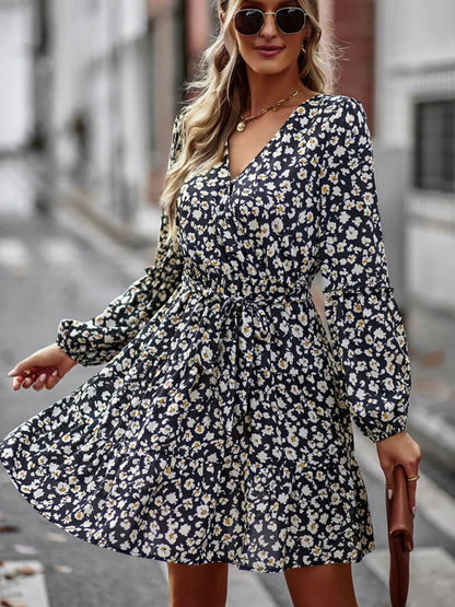 Floral dresses- Floral A-Line Dress with Long Sleeves and Belt-Tie- - IndioGear Clothing and Gear