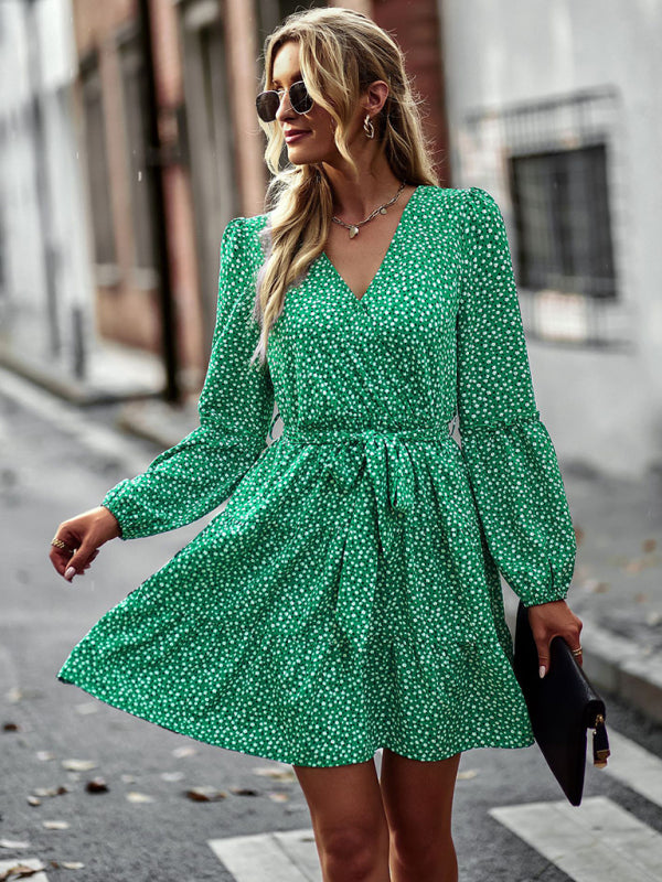 Floral dresses- Floral A-Line Dress with Long Sleeves and Belt-Tie- Green- IndioGear Clothing and Gear