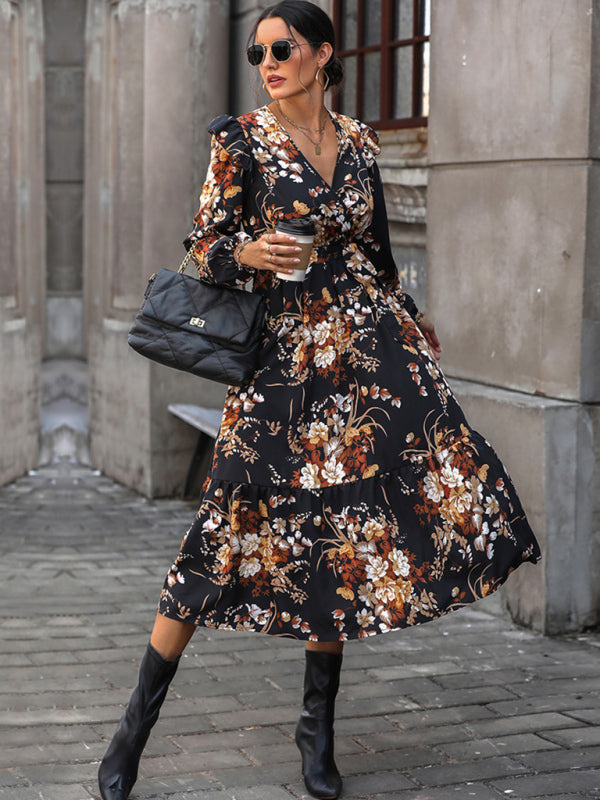 Floral dresses- Long-Sleeved Belted A-Line Dress in Floral Print- - IndioGear Clothing and Gear