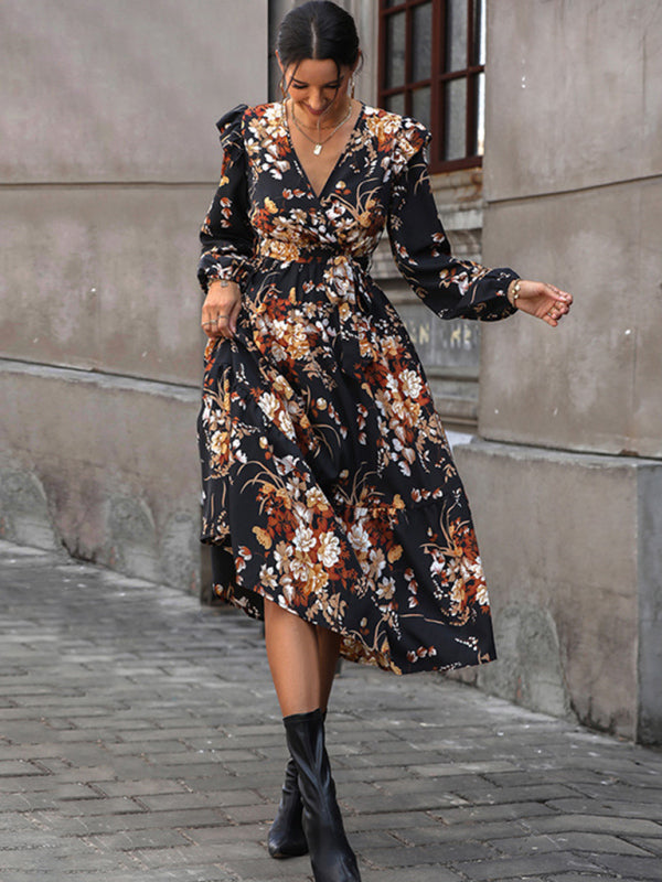 Floral dresses- Long-Sleeved Belted A-Line Dress in Floral Print- - IndioGear Clothing and Gear