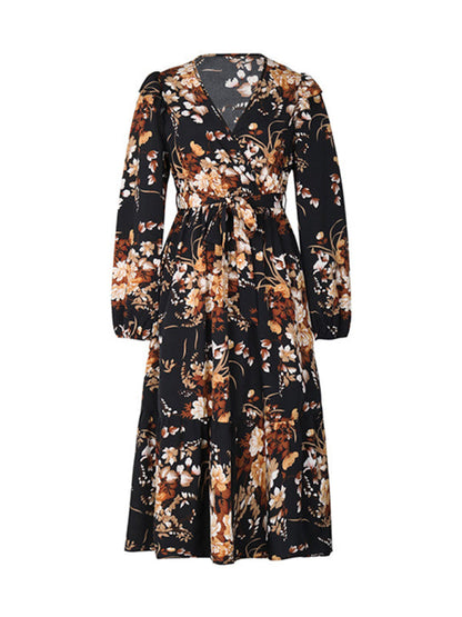 Floral dresses- Long-Sleeved Belted A-Line Dress in Floral Print- - IndioGear Clothing and Gear