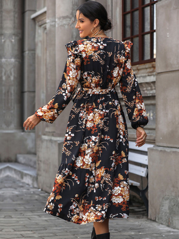 Floral dresses- Long-Sleeved Belted A-Line Dress in Floral Print- - IndioGear Clothing and Gear