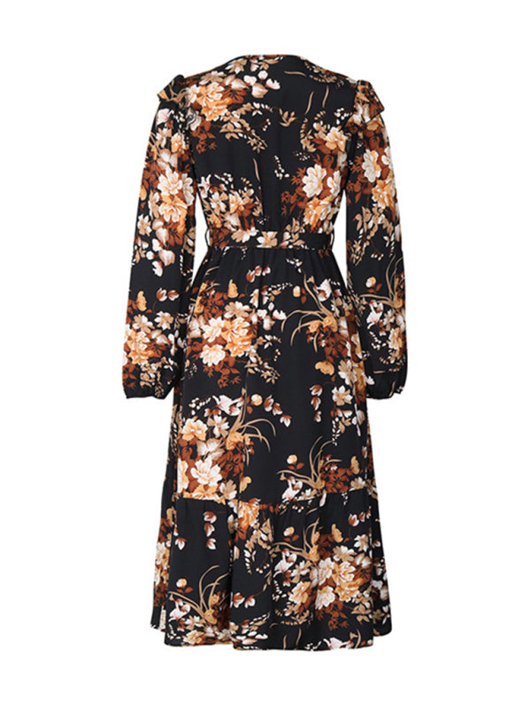 Floral dresses- Long-Sleeved Belted A-Line Dress in Floral Print- - IndioGear Clothing and Gear