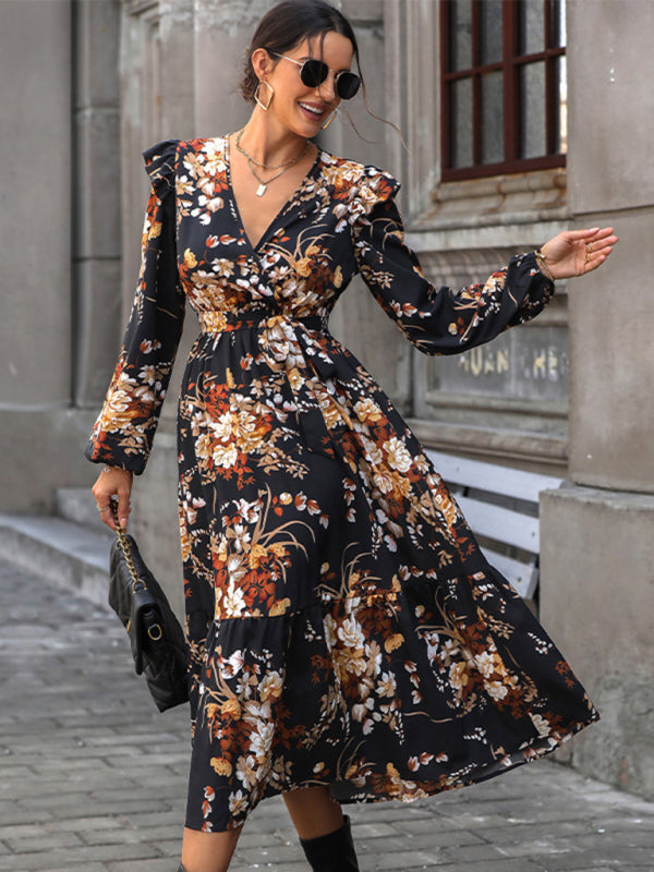 Floral dresses- Long-Sleeved Belted A-Line Dress in Floral Print- Black- IndioGear Clothing and Gear