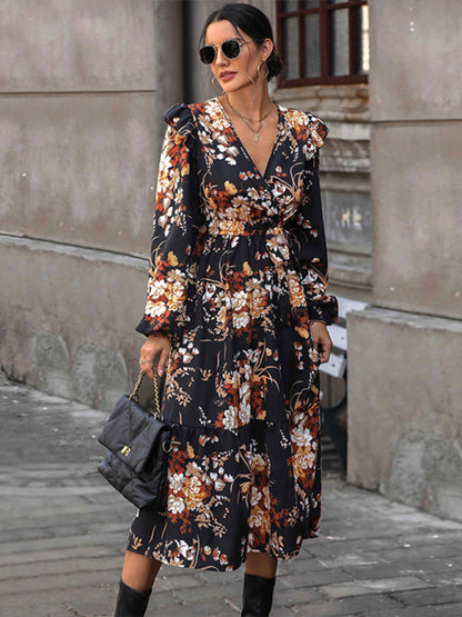 Floral dresses- Long-Sleeved Belted A-Line Dress in Floral Print- - IndioGear Clothing and Gear