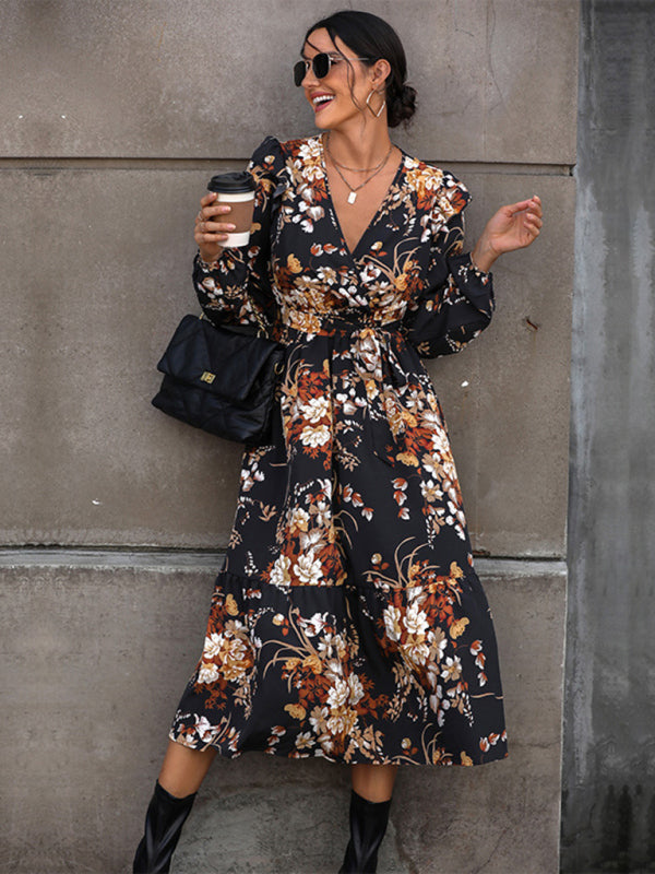 Floral dresses- Long-Sleeved Belted A-Line Dress in Floral Print- - IndioGear Clothing and Gear