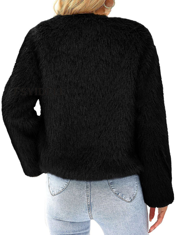 Fluffy Jackets- Fluffy Faux-fur Winter Open Front Fuzzy Jacket- - IndioGear Clothing and Gear