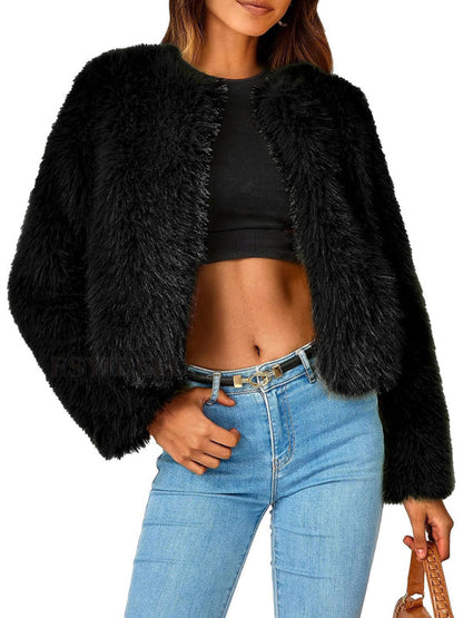 Fluffy Jackets- Fluffy Faux-fur Winter Open Front Fuzzy Jacket- Black- IndioGear Clothing and Gear