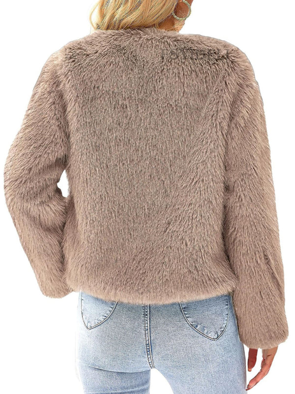 Fluffy Jackets- Fluffy Faux-fur Winter Open Front Fuzzy Jacket- - IndioGear Clothing and Gear