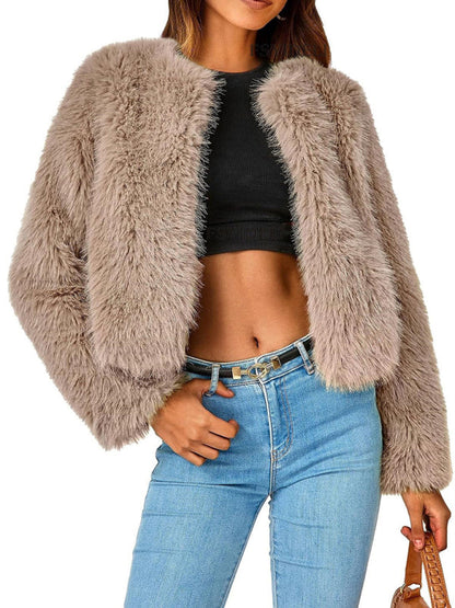 Fluffy Jackets- Fluffy Faux-fur Winter Open Front Fuzzy Jacket- Khaki- IndioGear Clothing and Gear