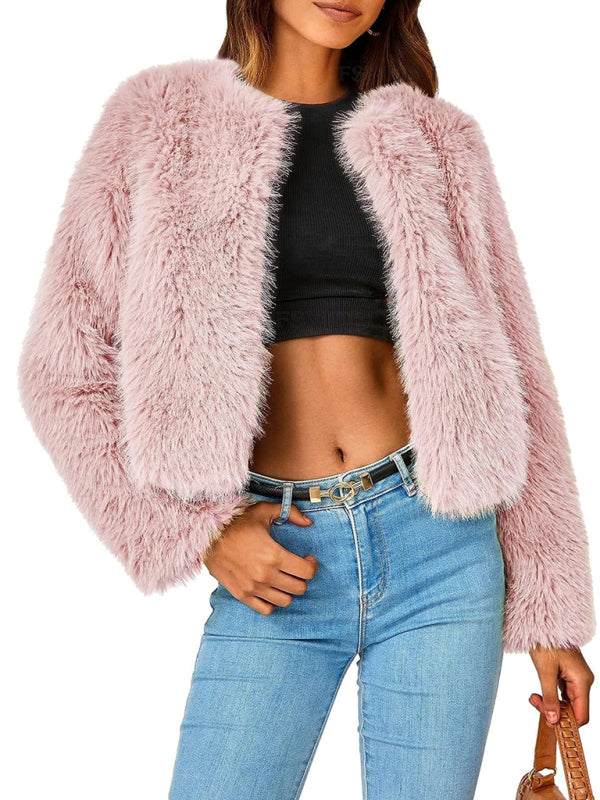 Fluffy Jackets- Fluffy Faux-fur Winter Open Front Fuzzy Jacket- Pink- IndioGear Clothing and Gear