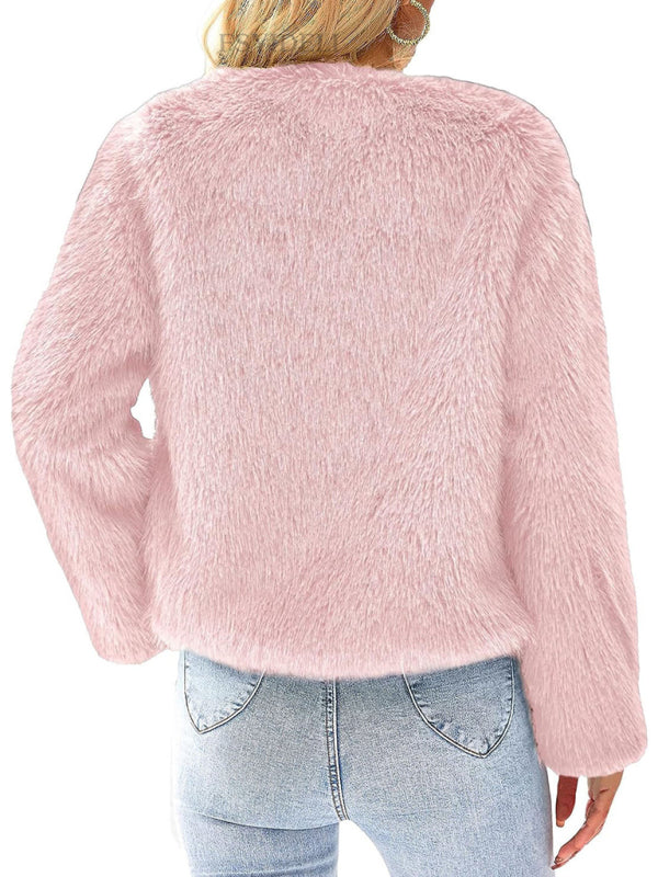 Fluffy Jackets- Fluffy Faux-fur Winter Open Front Fuzzy Jacket- - IndioGear Clothing and Gear