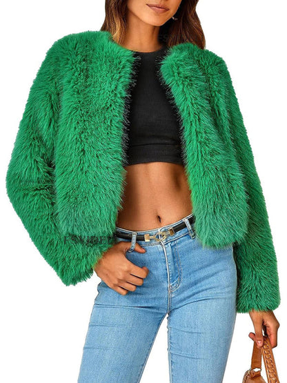 Fluffy Jackets- Fluffy Faux-fur Winter Open Front Fuzzy Jacket- Green- IndioGear Clothing and Gear