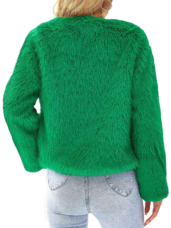 Fluffy Jackets- Fluffy Faux-fur Winter Open Front Fuzzy Jacket- - IndioGear Clothing and Gear