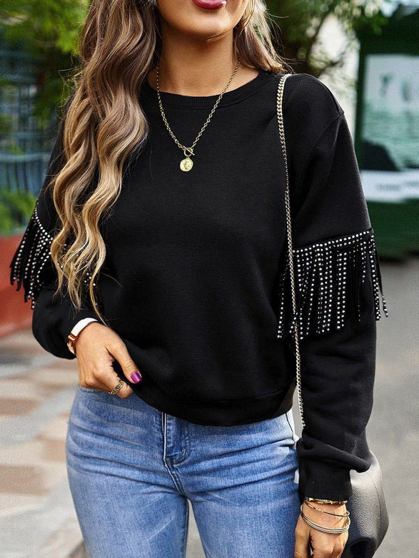 Fringe Sweatshirt- Solid Fringe Long Sleeve Sweatshirt- Black- IndioGear Fashion and Gear