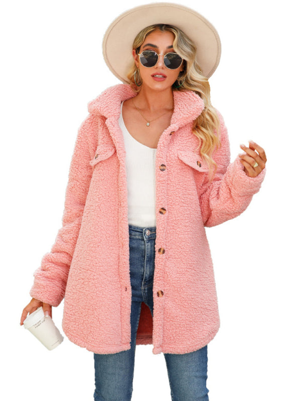 Fuzzy Jackets- Fuzzy Mid-Length Collar Oversized Faux Shearling Jacket- - IndioGear Clothing and Gear