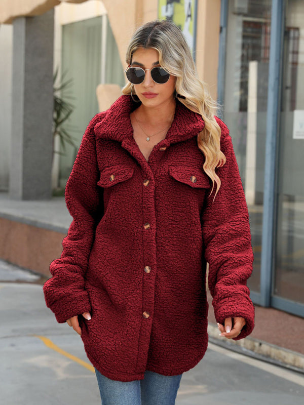 Fuzzy Jackets- Fuzzy Mid-Length Collar Oversized Faux Shearling Jacket- Wine Red- IndioGear Clothing and Gear