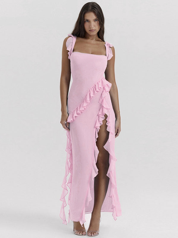 Gown- Ruffle Side Slit Dress- Pink- IndioGear Fashion and Gear