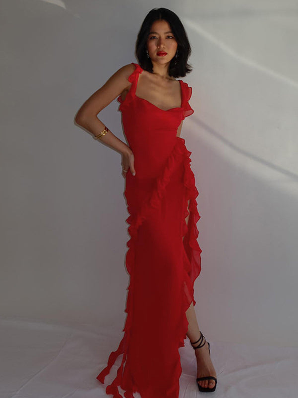 Gown- Ruffle Side Slit Dress- - IndioGear Fashion and Gear