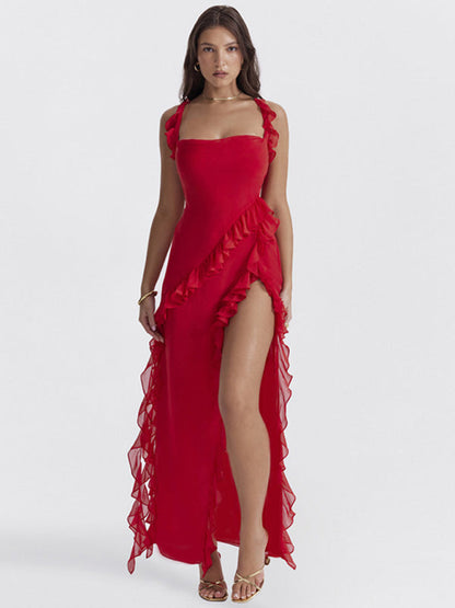 Gown- Ruffle Side Slit Dress- Red- IndioGear Fashion and Gear