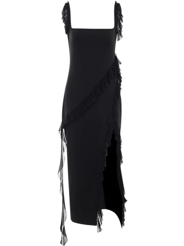 Gown- Ruffle Side Slit Dress- - IndioGear Fashion and Gear