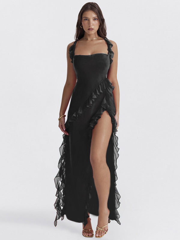 Gown- Ruffle Side Slit Dress- Black- IndioGear Fashion and Gear