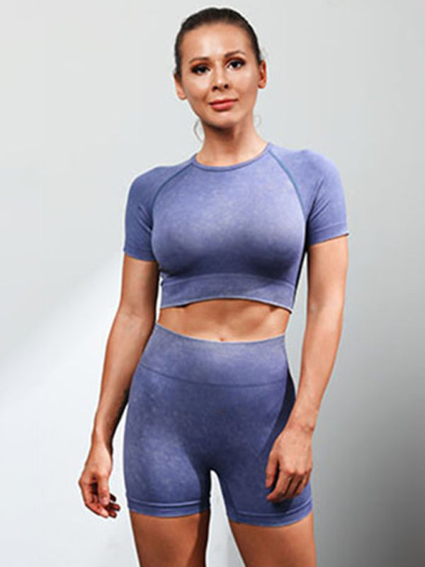 Solid Stretchy Tight Workout Crop Tee & Shorts - 2 Piece Gym Set