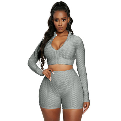 Gym Outfits- Textured Sporty Butt-Lifting Shorts + Zip-Up Long Sleeve Top- - IndioGear Fashion and Gear