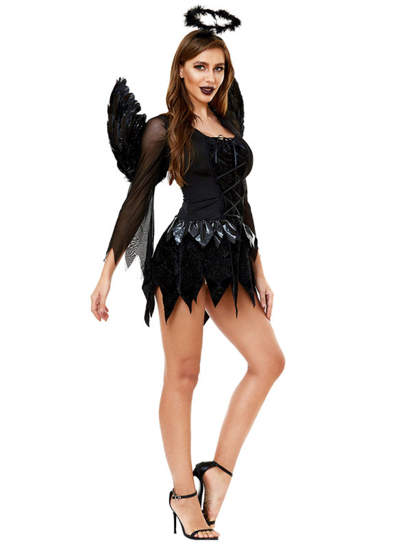 Halloween Cosplay- Devious Dark Angel: Costume Dress, Halo Wings - Halloween Mystique- - IndioGear Fashion and Gear