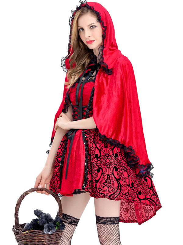 Halloween Costume- Red Riding Hood Cosplay Costume: Dress & Cape for Halloween Glamour- - IndioGear Fashion and Gear