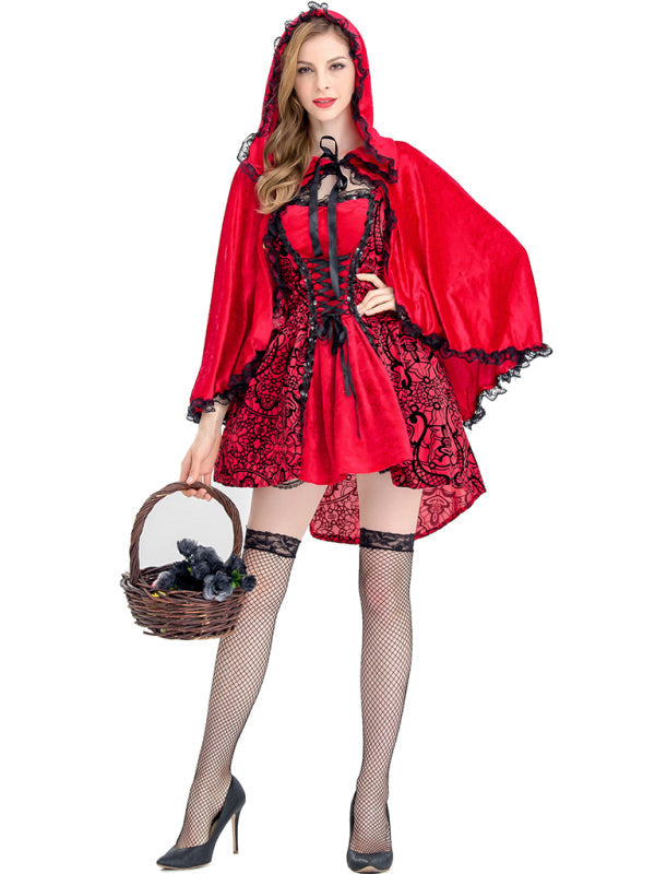 Halloween Costume- Red Riding Hood Cosplay Costume: Dress & Cape for Halloween Glamour- Red- IndioGear Fashion and Gear