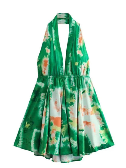 Halter Dresses- Vacation Look with a Plunging Halter Sundress- Green- IndioGear Clothing and Gear