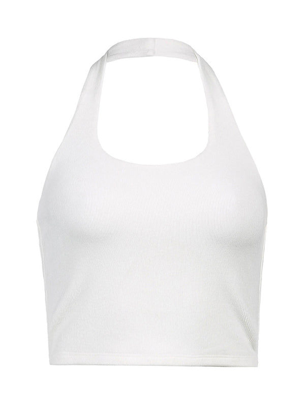 Halter Tops- Women's Textured Halter Crop Top with Open Back- - IndioGear Fashion and Gear