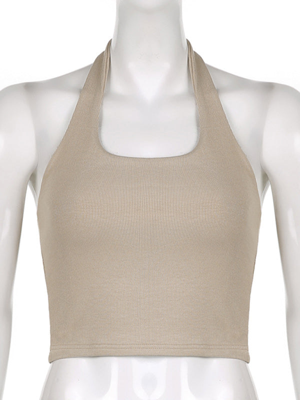 Halter Tops- Women's Textured Halter Crop Top with Open Back- - IndioGear Fashion and Gear