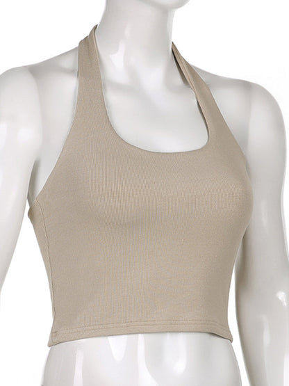 Halter Tops- Women's Textured Halter Crop Top with Open Back- - IndioGear Fashion and Gear