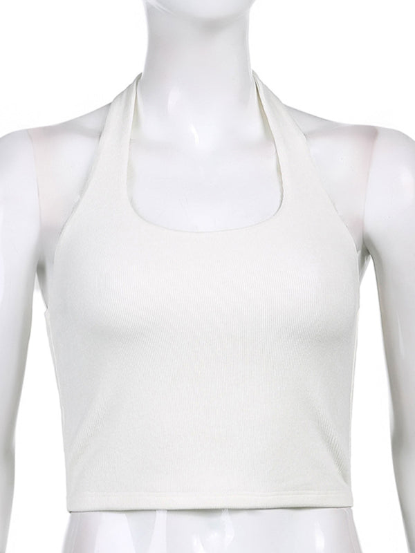 Halter Tops- Women's Textured Halter Crop Top with Open Back- - IndioGear Fashion and Gear