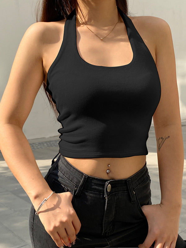 Halter Tops- Women's Textured Halter Crop Top with Open Back- Black- IndioGear Fashion and Gear