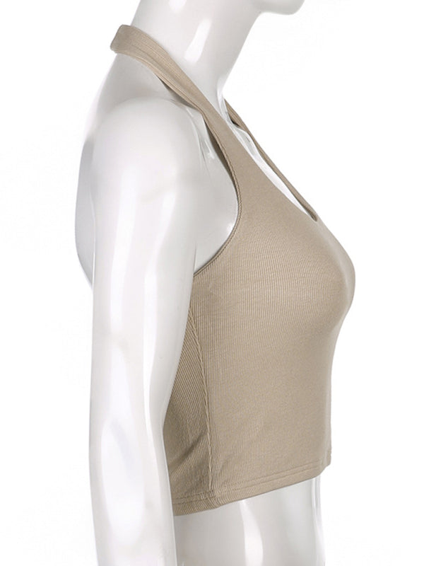 Halter Tops- Women's Textured Halter Crop Top with Open Back- - IndioGear Fashion and Gear