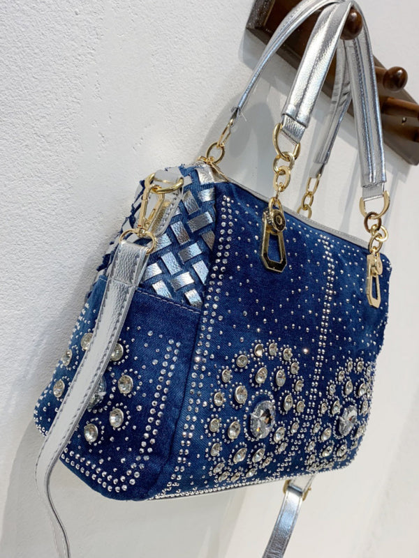 Handbags- Beaded Denim Crossbody Tote Bag with Golden Touch- - IndioGear Fashion and Gear